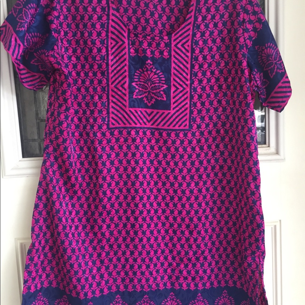 Vintage silk tunic hot pink magenta blue navy sari - Picture 6 of 6